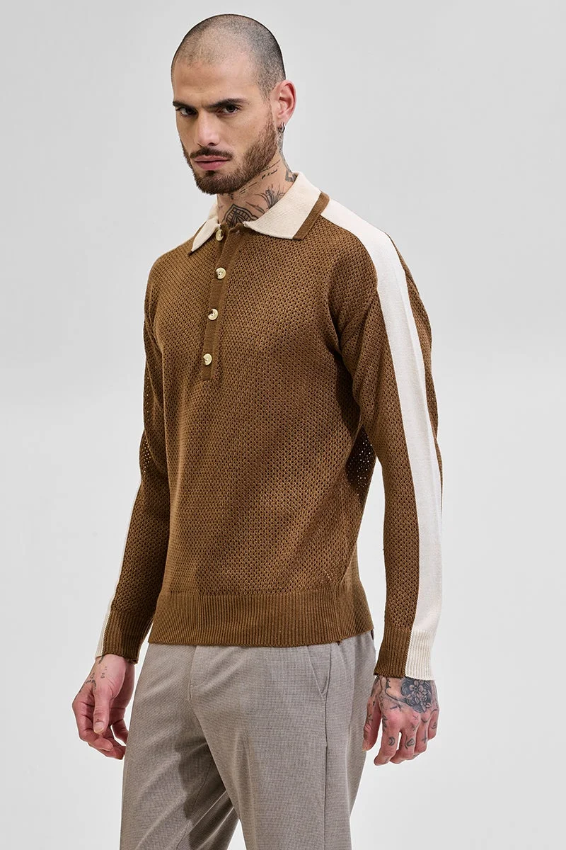 SNITCH Brown Colourblocked Knitted Polo T-Shirt